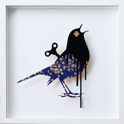 Clockwork Bird Royal Blue-Gold Original Painting on Glass